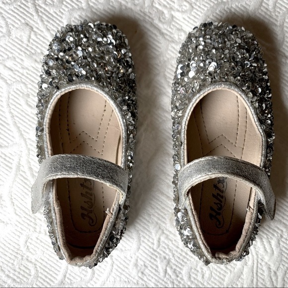 HSHTX sequin princess leather silver ballet flats with hook and loop ankle strap - Picture 3 of 10
